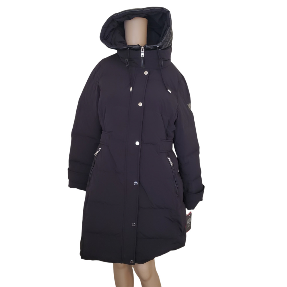Vince Camuto Womens Hooded Faux-Leather-Trim Down Puffer Coat Nylon Blac…